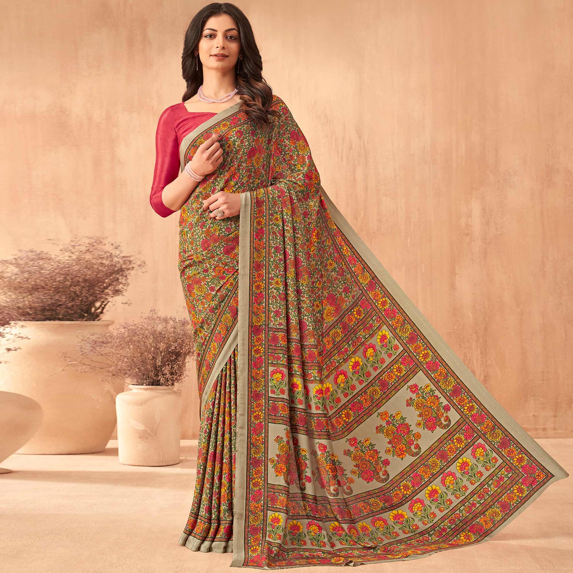 Multicolor Floral Printed Crepe Saree