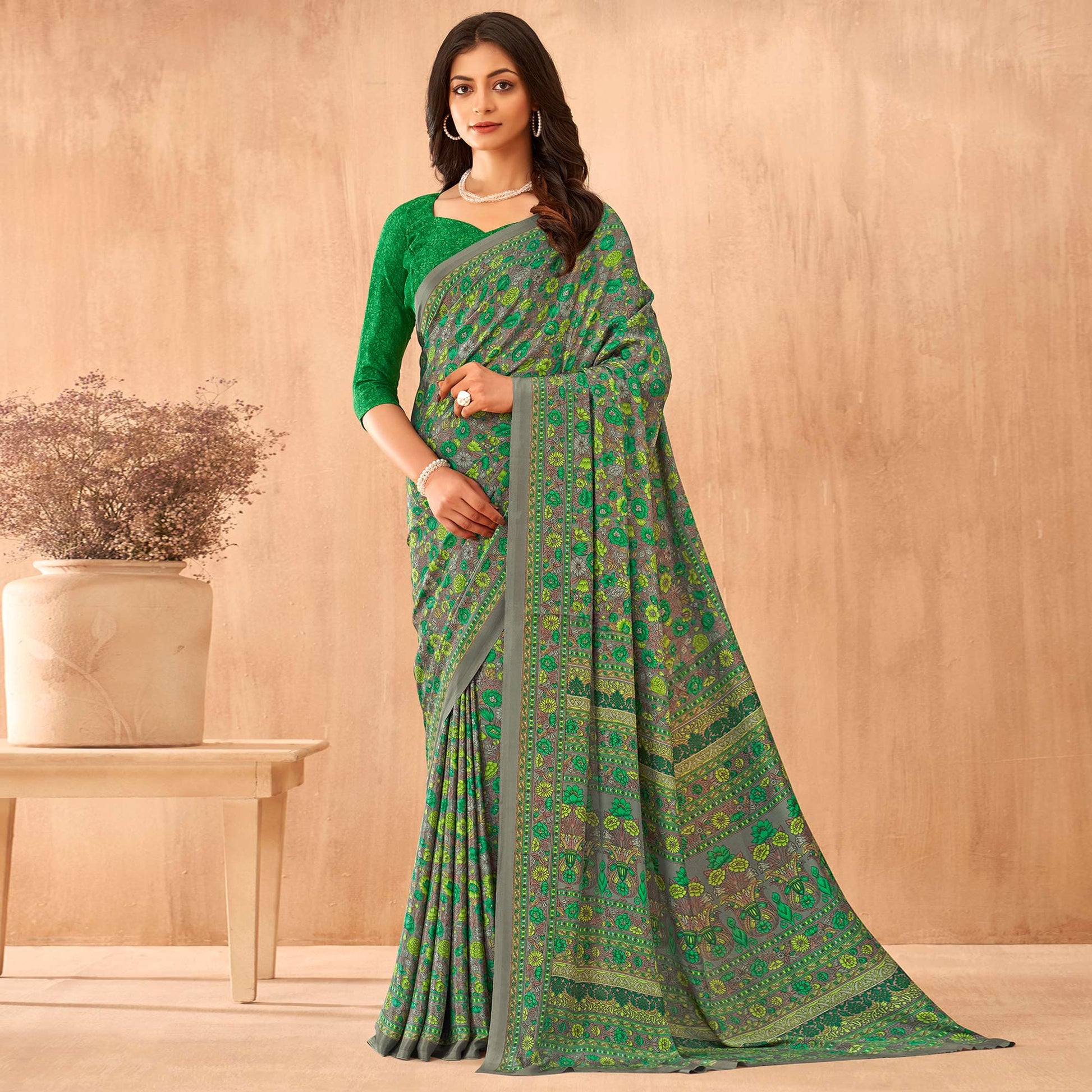 green-floral-printed-crepe-saree-2