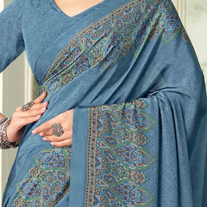 Bluish Grey Floral Printed Crepe Silk Saree