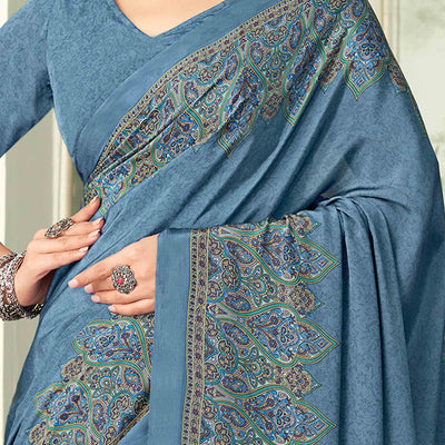 Bluish Grey Floral Printed Crepe Silk Saree