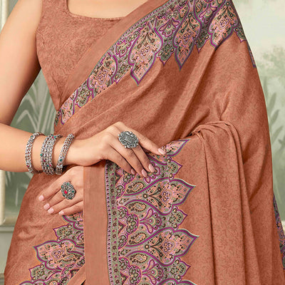 Brown Floral Printed Crepe Silk Saree