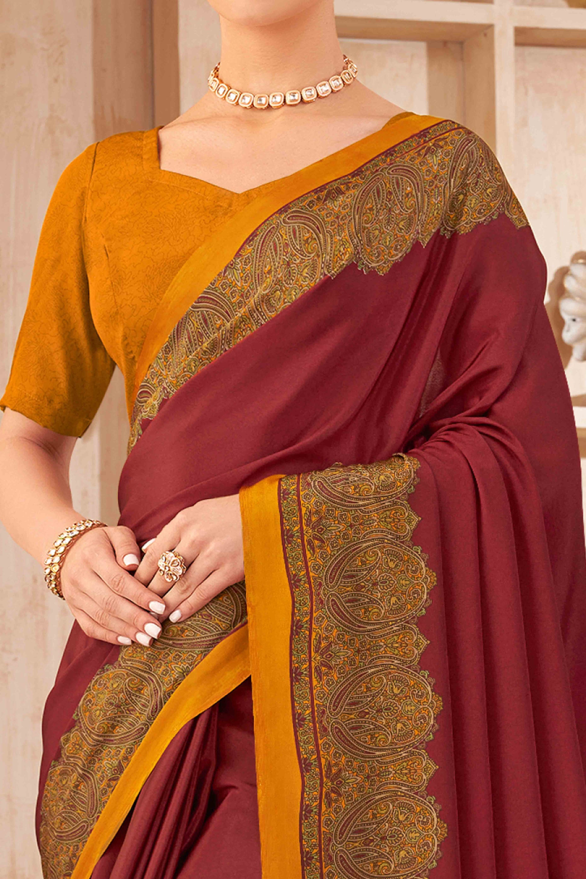 Maroon Floral Printed Crepe Silk Saree