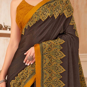 Brown Floral Printed Crepe Silk Saree