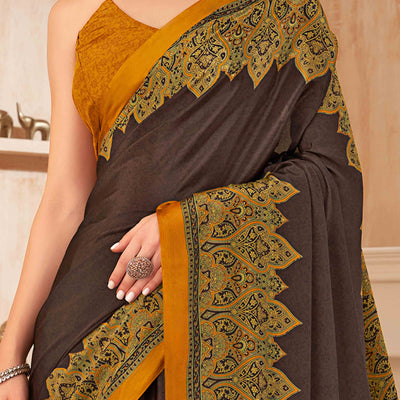 Brown Floral Printed Crepe Silk Saree
