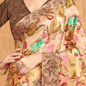Dark Brown Floral Printed Crepe Silk Saree