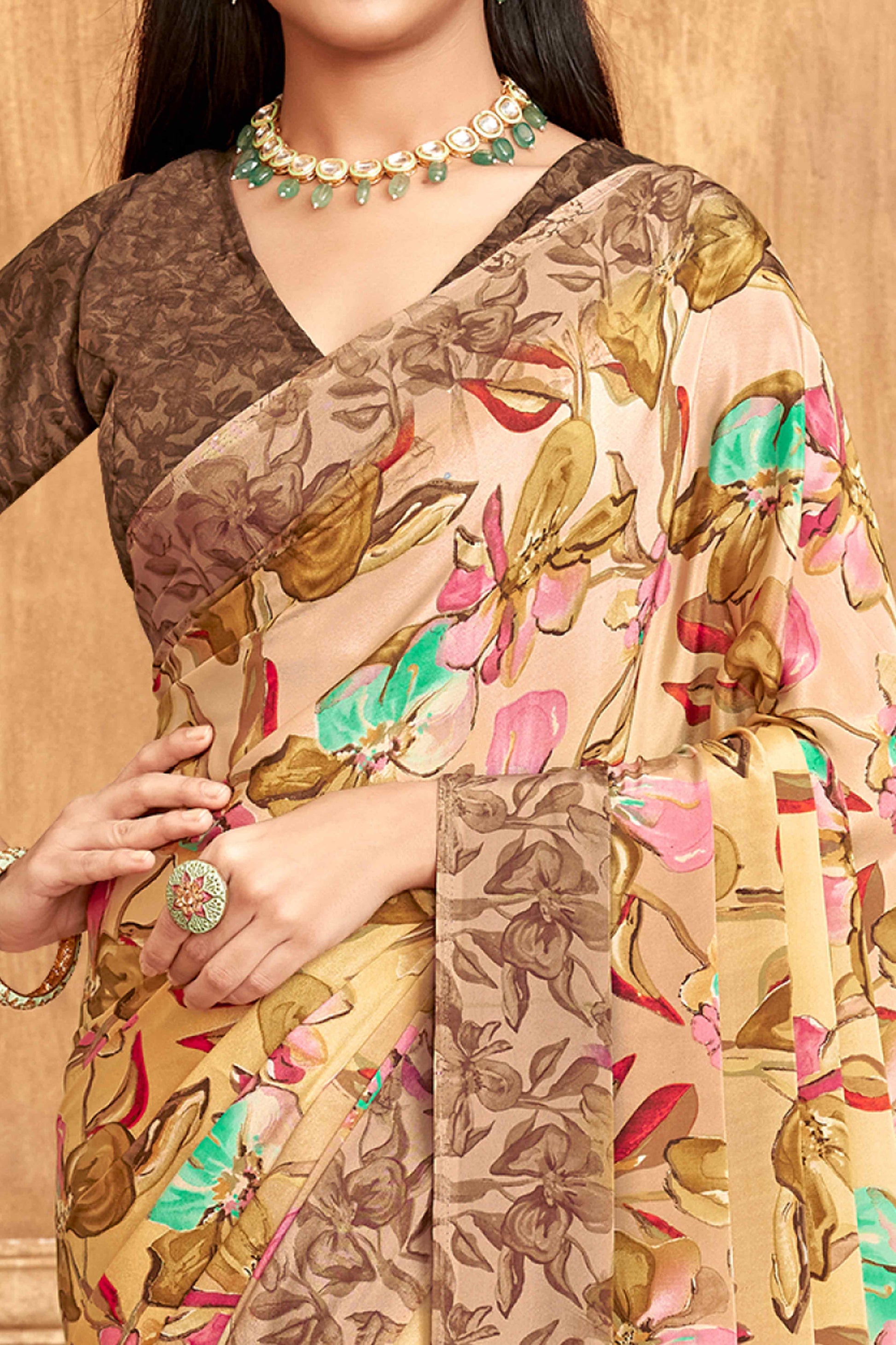 Dark Brown Floral Printed Crepe Silk Saree