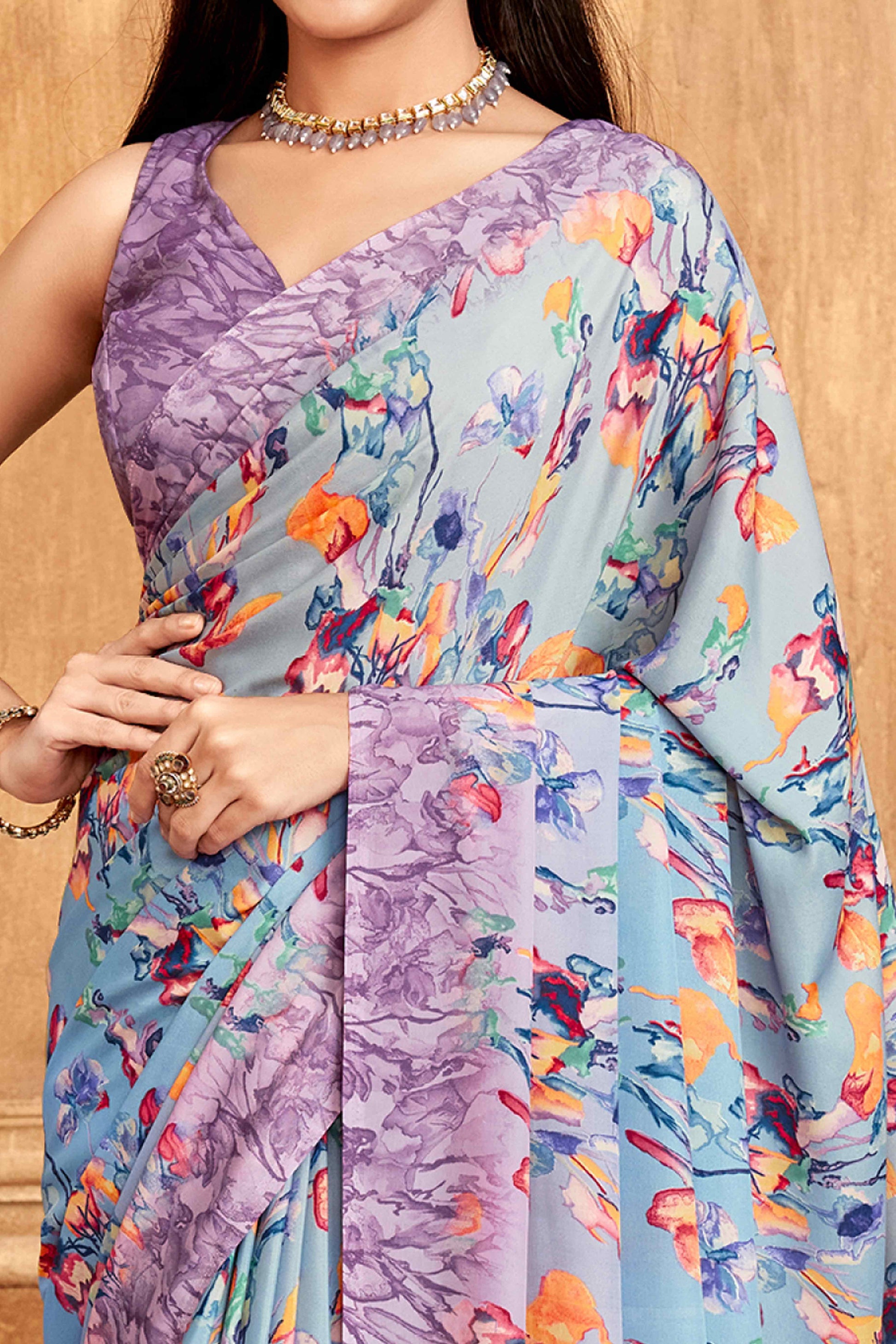 Lavender Floral Printed Crepe Silk Saree
