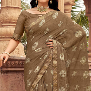 Brown Floral Printed Chiffon Saree
