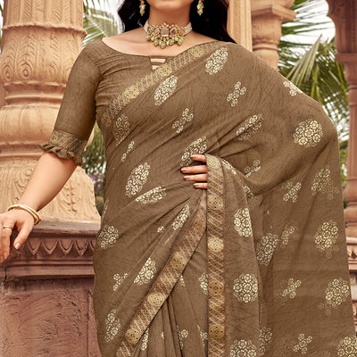 Brown Floral Printed Chiffon Saree