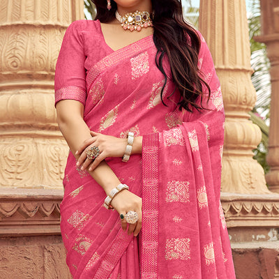 Gajri Pink Floral Printed Chiffon Saree