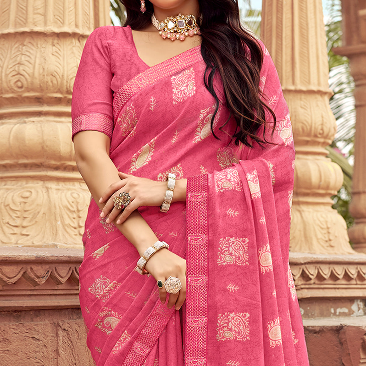 Gajri Pink Floral Printed Chiffon Saree
