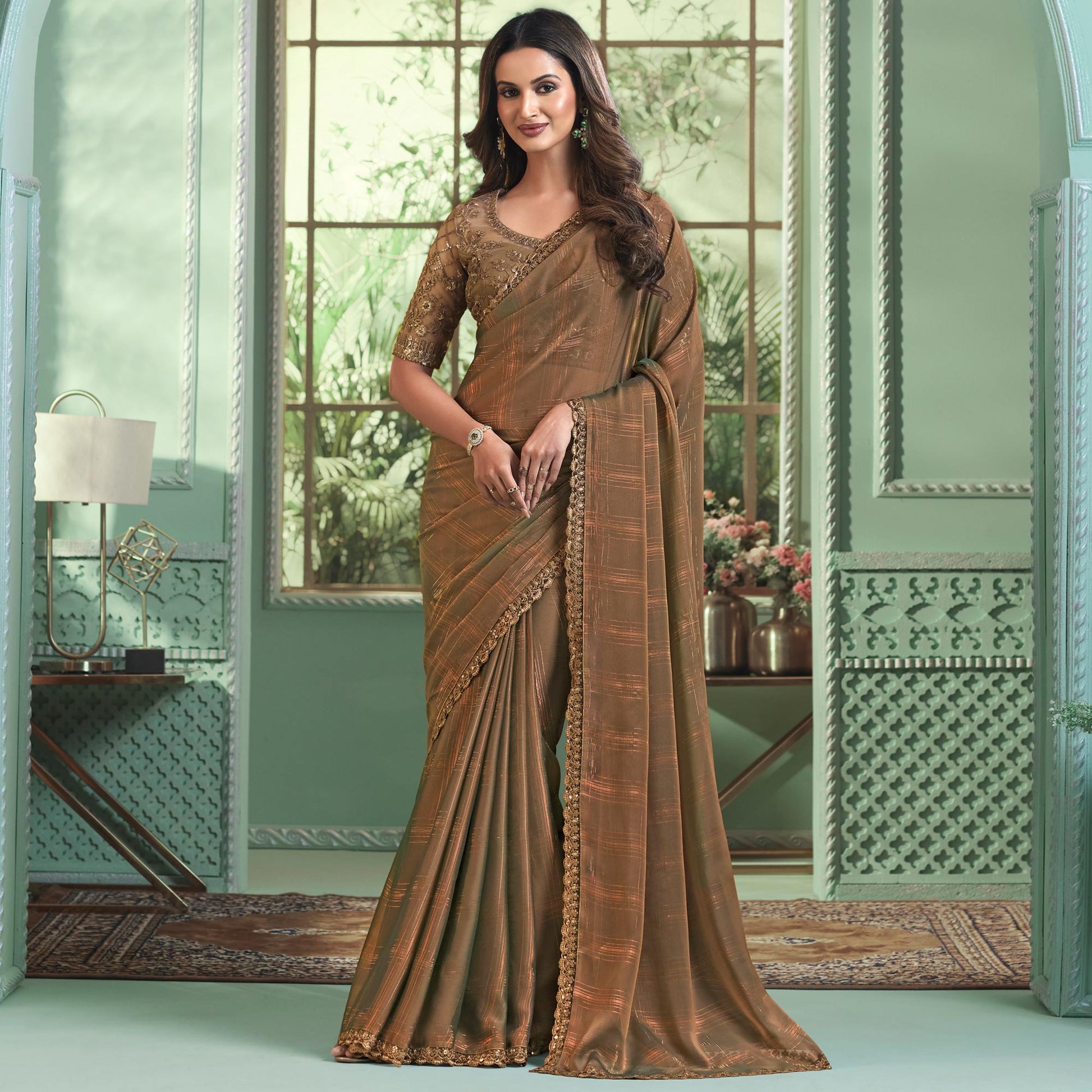 Chikoo Embroidered Georgette Designer Saree