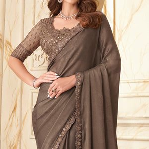 Brown Sequins Embroidered Satin Silk Saree