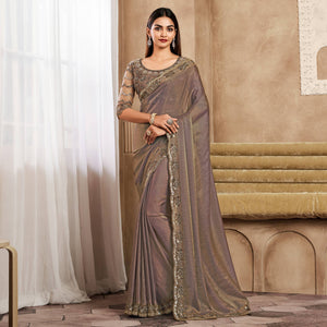 Chikoo Sequins Embroidered Satin Silk Saree