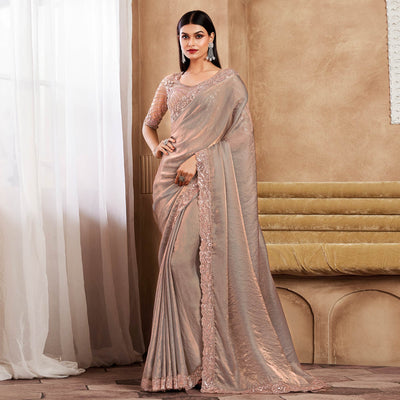 Grey Sequins Embroidered Satin Silk Saree
