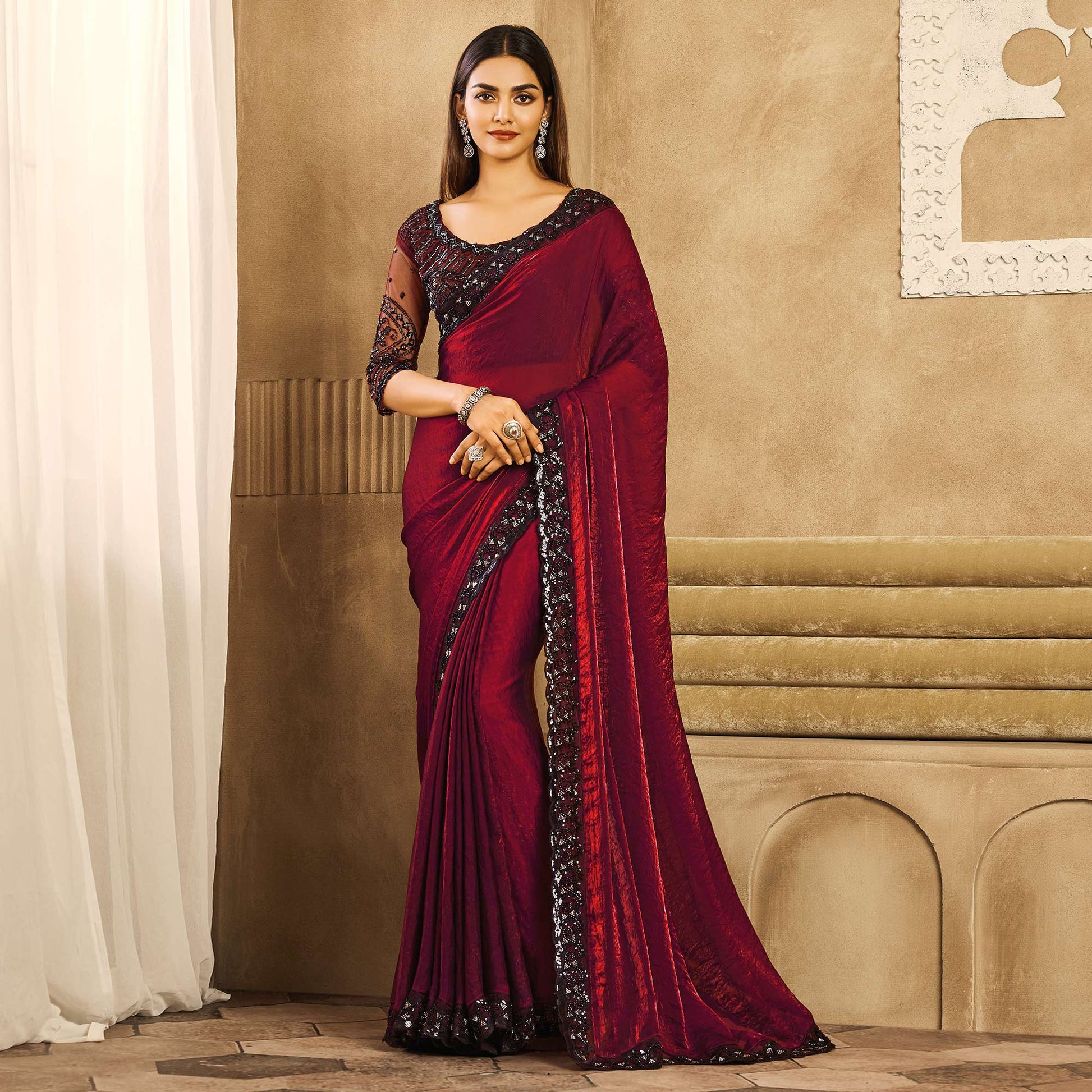 Magenta Sequins Embroidered Satin Silk Saree
