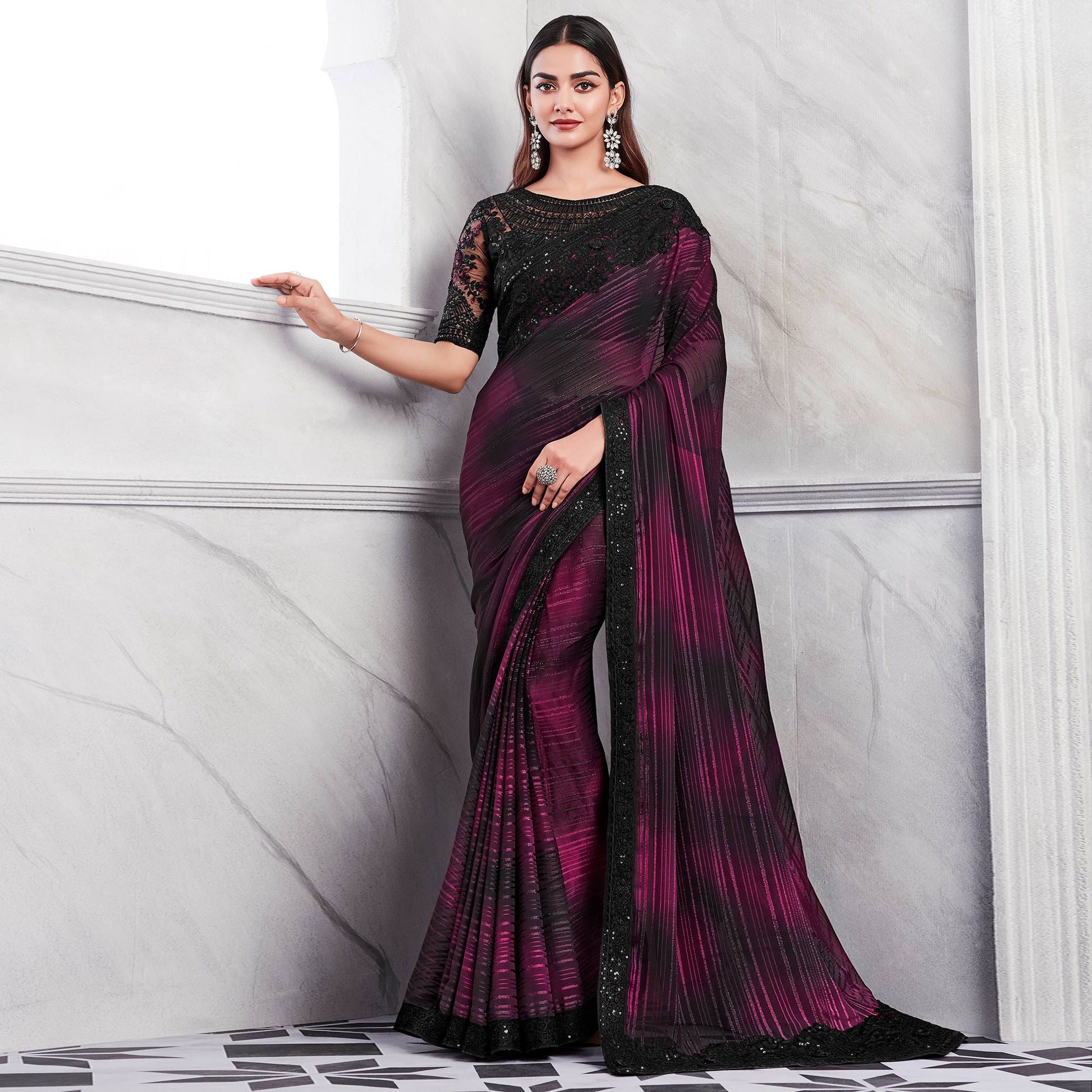 Magenta & Black Floral Sequins Embroidered Georgette Saree