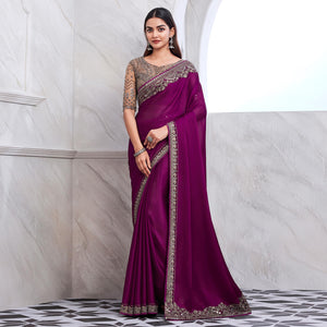 Magenta Floral Sequins Embroidered Satin Saree