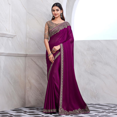 Magenta Floral Sequins Embroidered Satin Saree