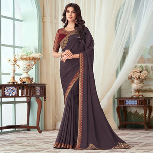 Deep Mauve Floral Sequin Embroidered Crepe Saree