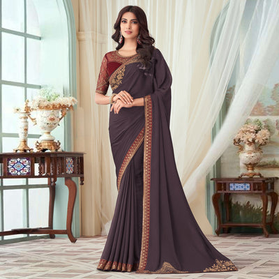 Deep Mauve Floral Sequin Embroidered Crepe Saree