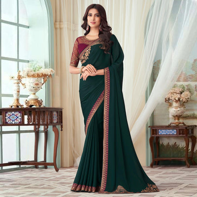 Bottle Green Floral Sequin Embroidered Crepe Saree