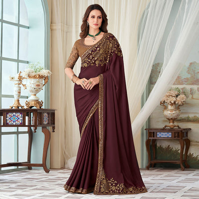 Coffee Floral Sequin Embroidered Crepe Saree