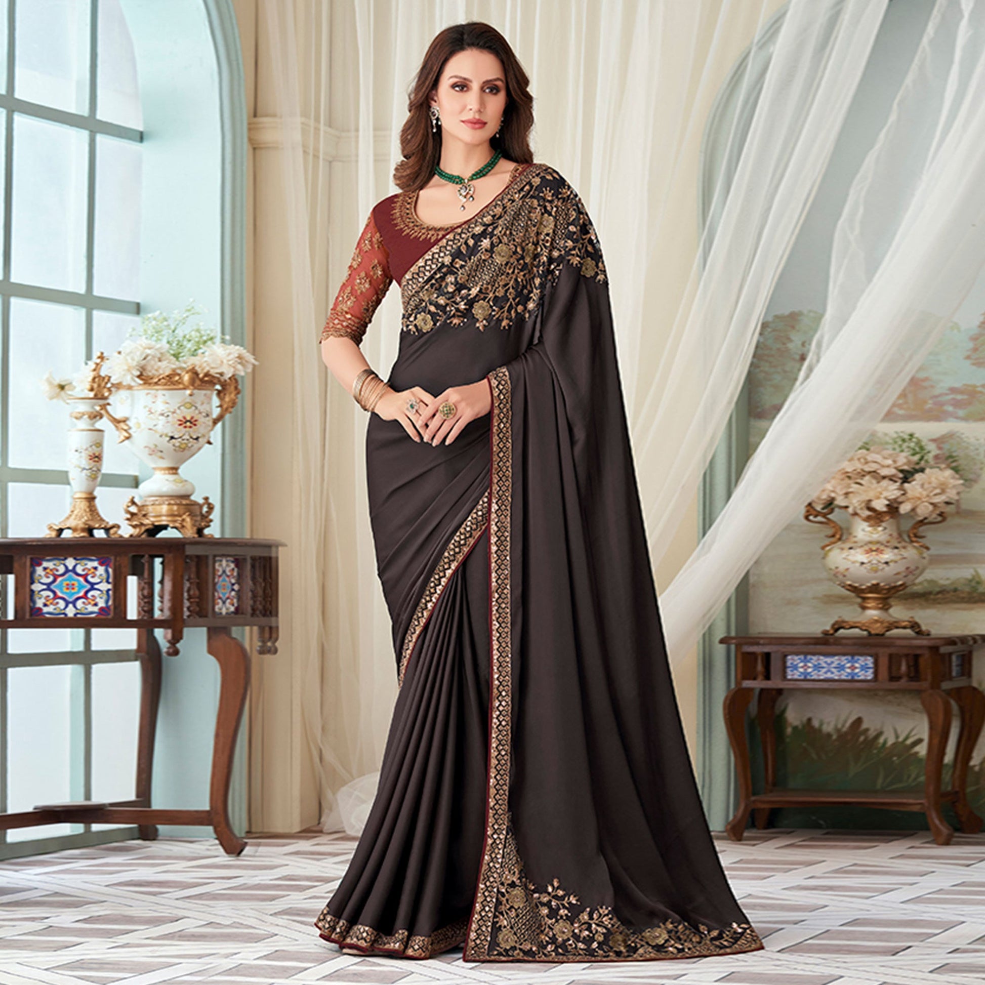 Dark Wine Floral Sequin Embroidered Crepe Saree