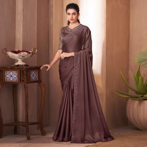 Brown Sequins Embroidered Satin Saree