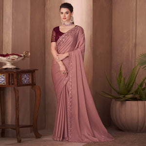 Mauve Embroidered Satin Saree