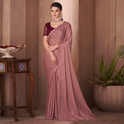 Mauve Embroidered Satin Saree
