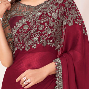 Maroon Sequins Embroidered Satin Saree