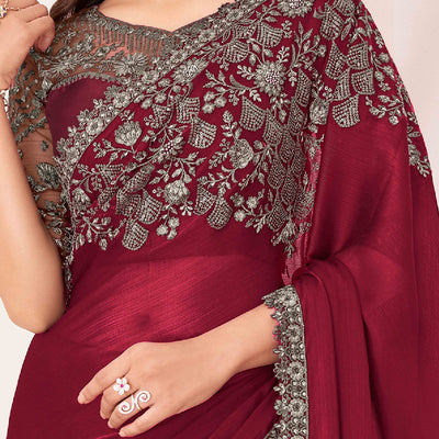 Maroon Sequins Embroidered Satin Saree