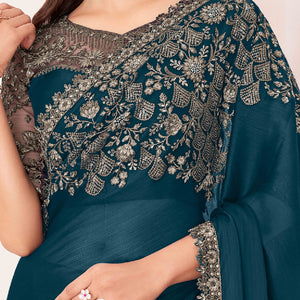 Dark Teal Sequins Embroidered Satin Saree