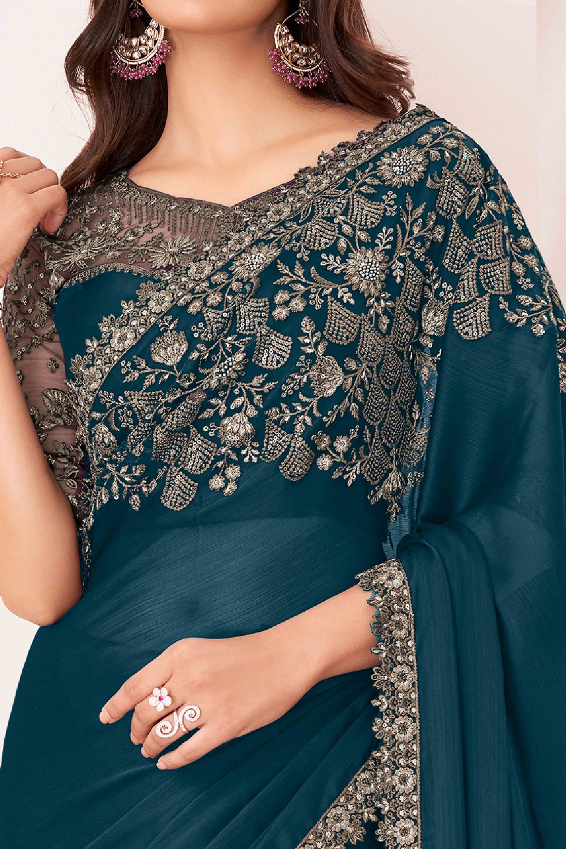 Dark Teal Sequins Embroidered Satin Saree