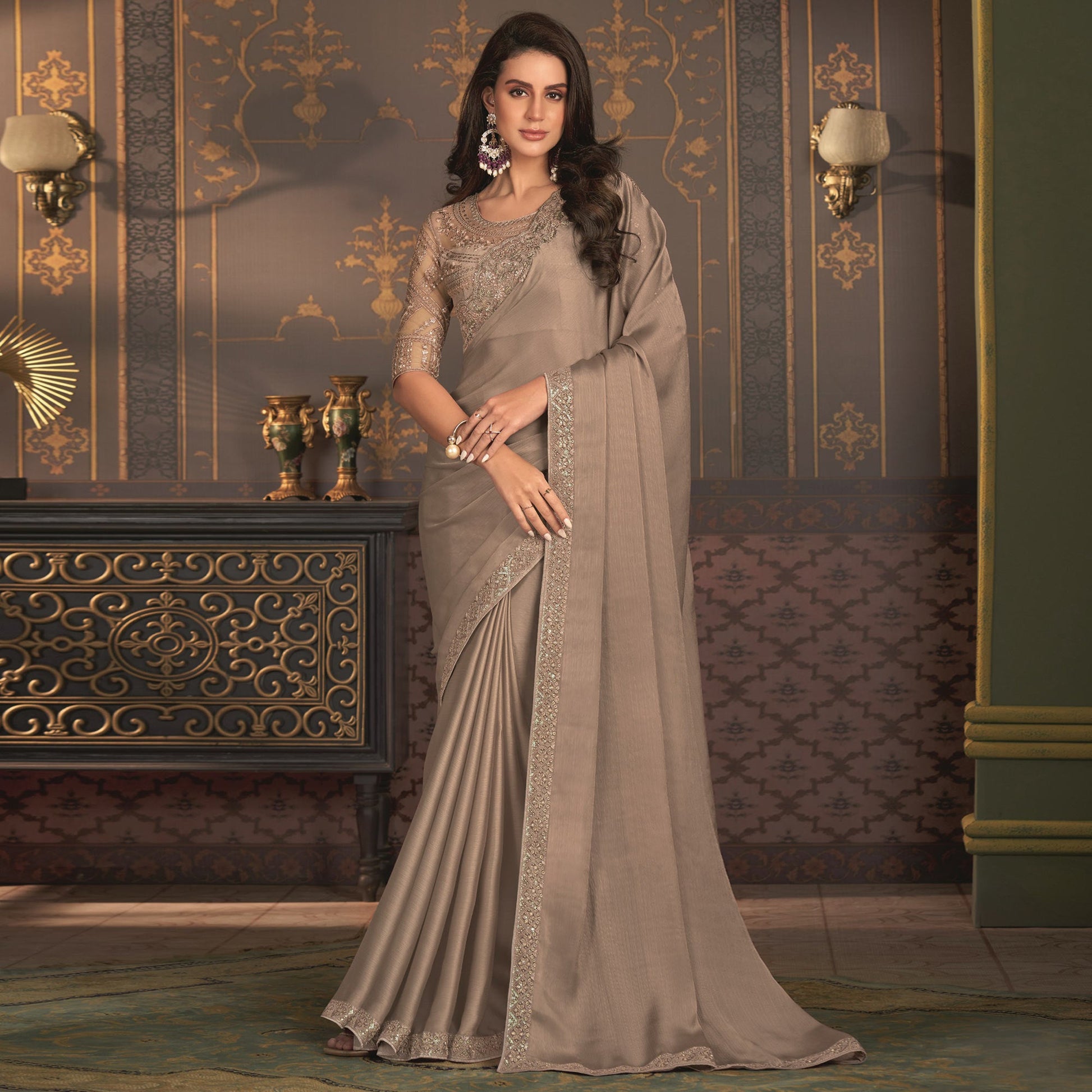 Dusty Beige Embroidered Designer Satin Saree