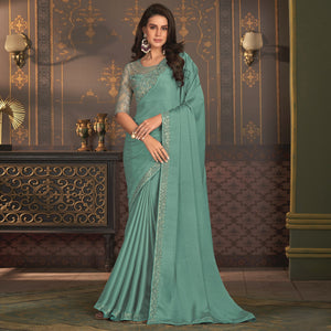 Light Sea Green Embroidered Designer Satin Saree