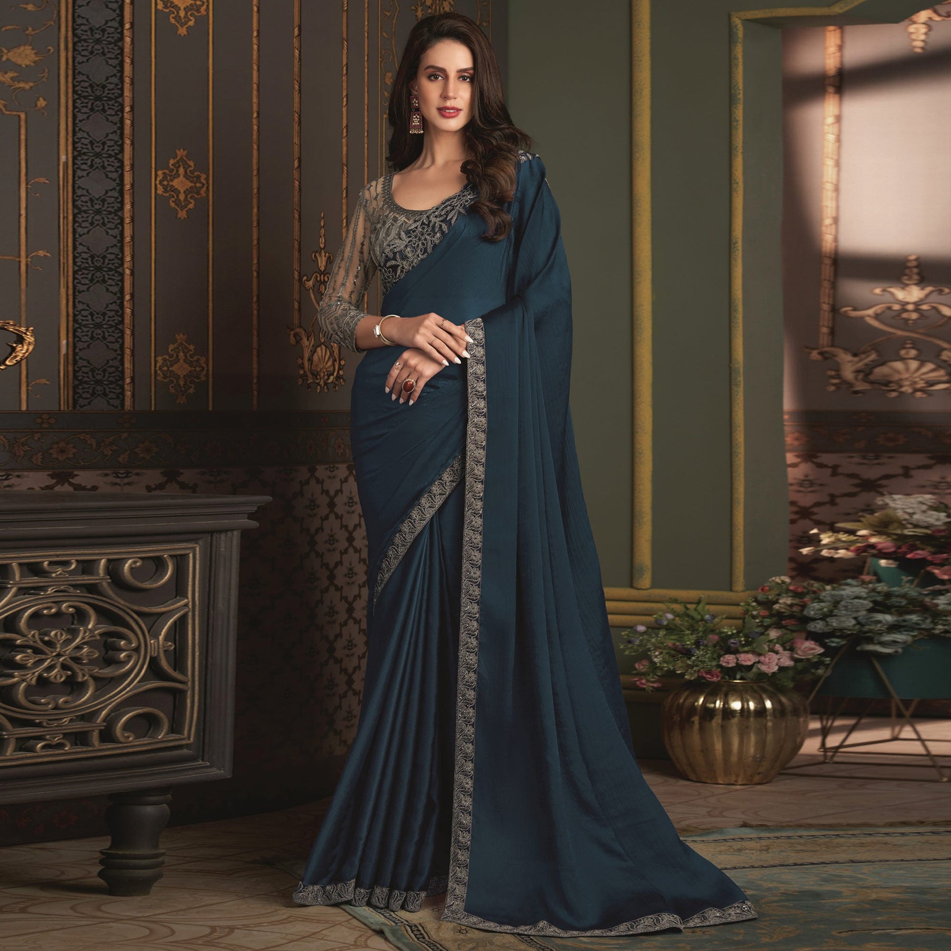 Dark Teal Embroidered Designer Satin Saree