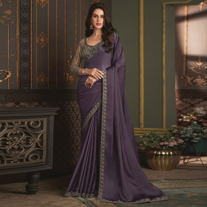 Dark Violet Embroidered Designer Satin Saree