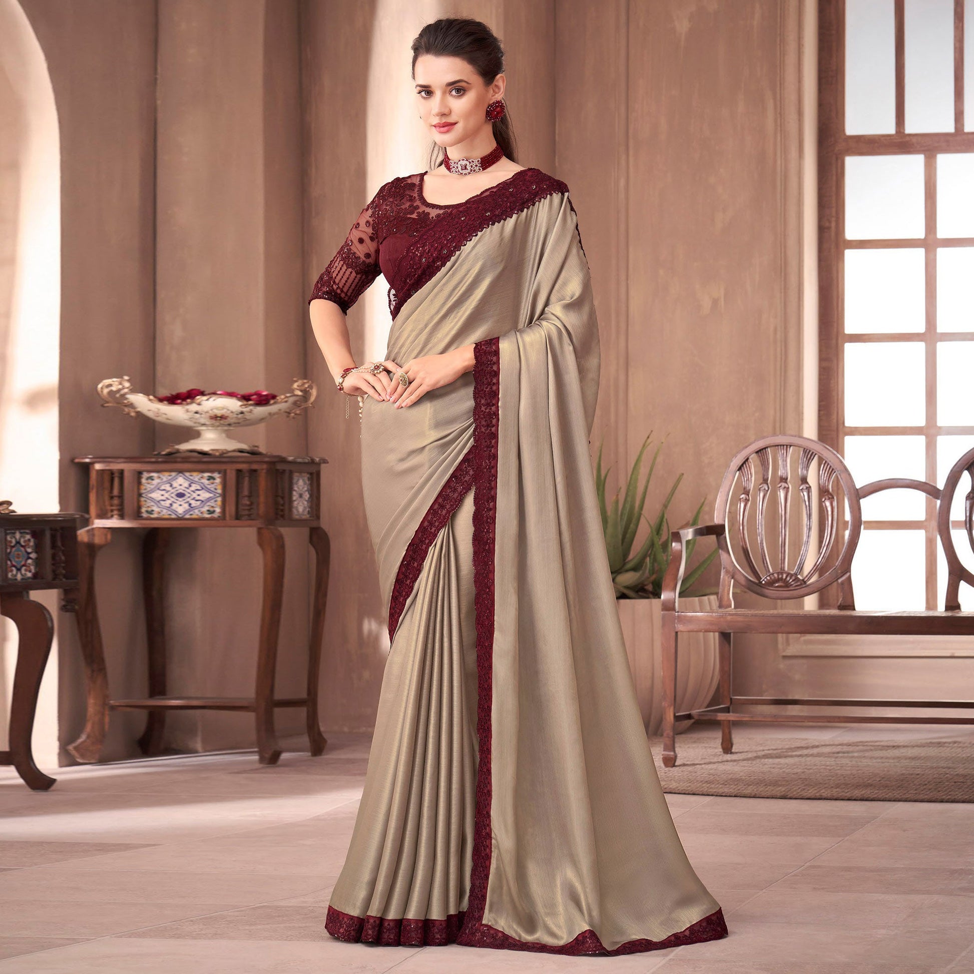 Light Brown Floral Embroidered Georgette Saree