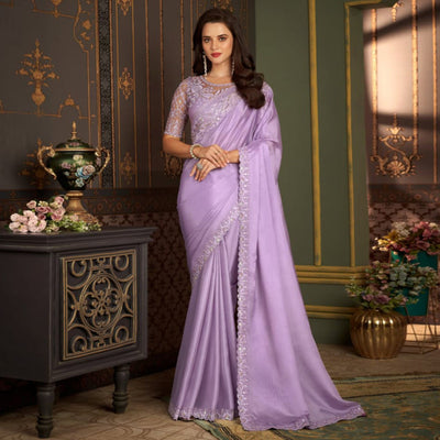 Lavender Embroidered Satin Saree