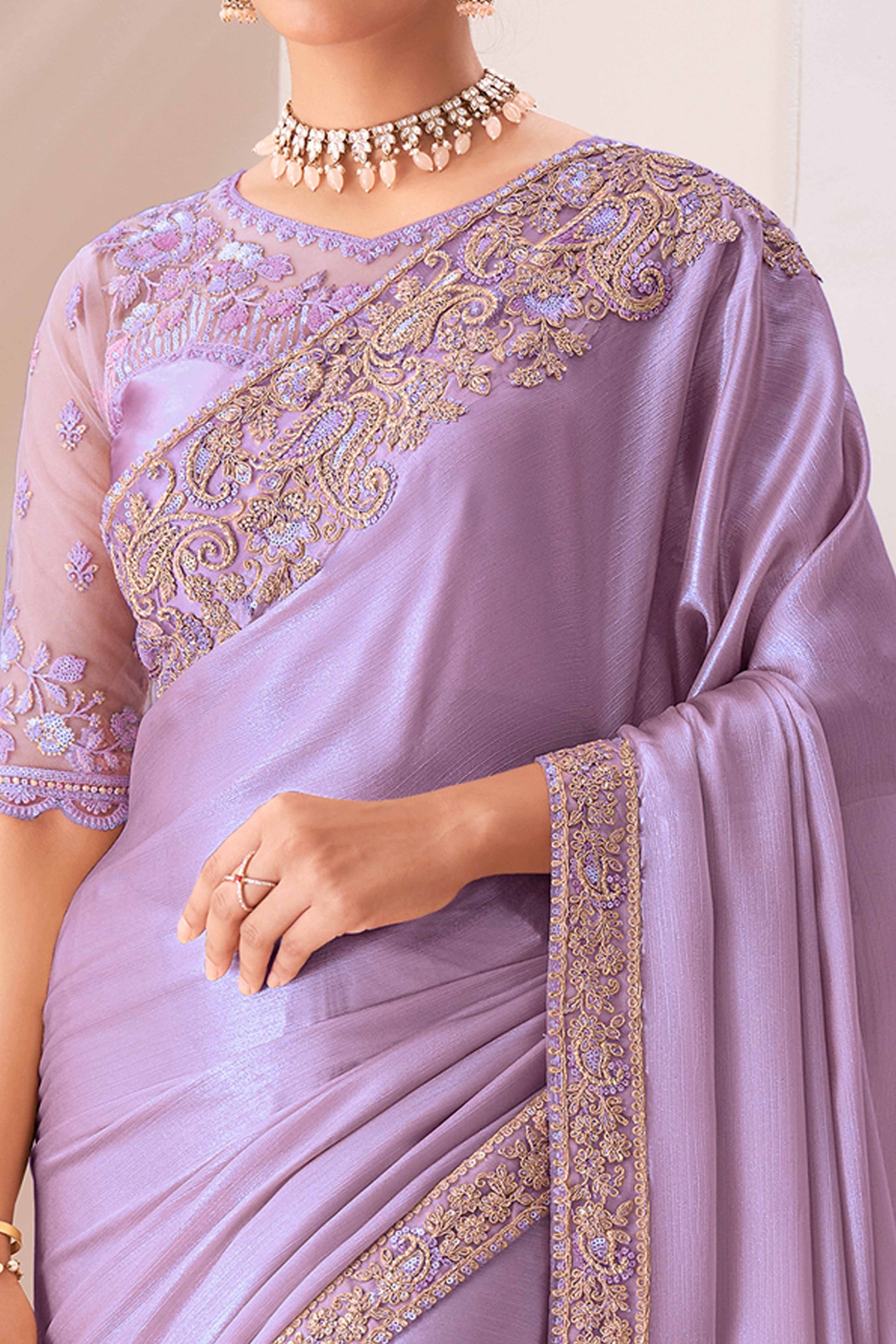 Lavender Floral Sequins Embroidered Chiffon Saree