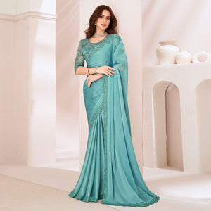 Light Turquoise Embroidered Georgette Saree