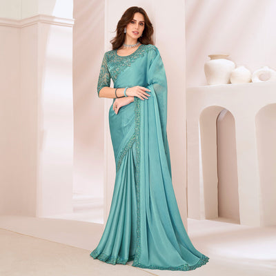 Light Turquoise Embroidered Georgette Saree
