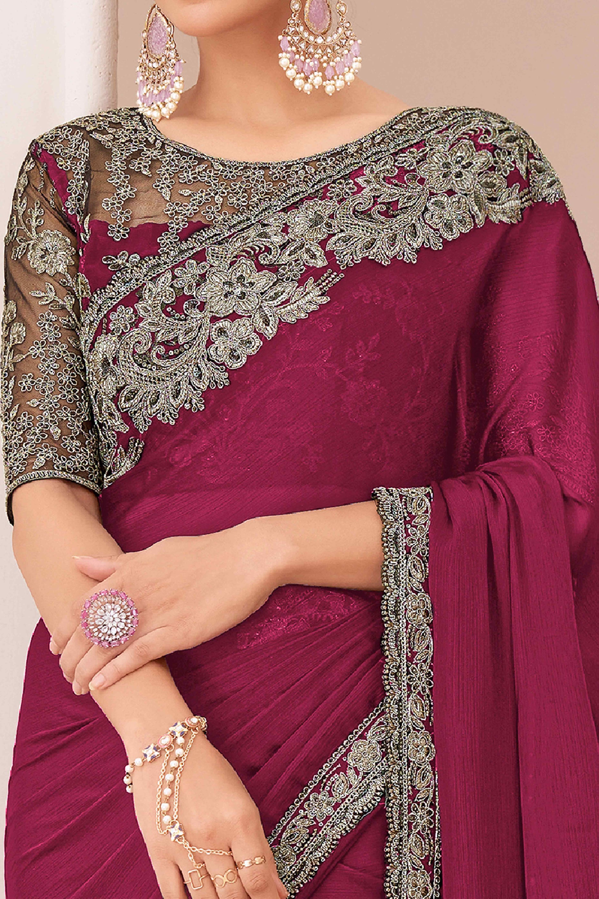 Dark Magenta Floral Sequins Embroidered Georgette Saree