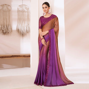 Brown & Purple Embroidered Chiffon Saree