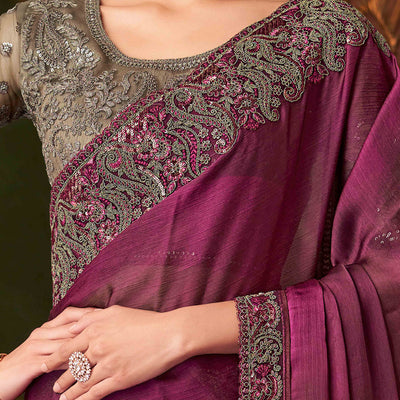 Magenta Sequins Embroidered Chiffon Saree