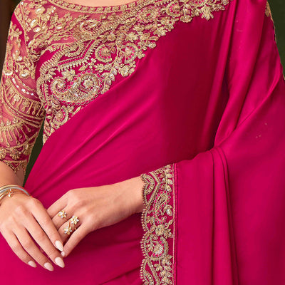 Hot Pink Sequins Embroidered Satin Saree