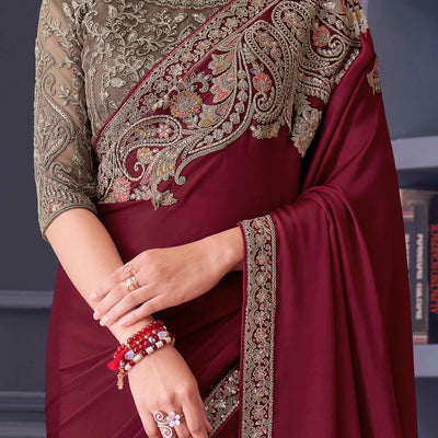 Maroon Sequins Embroidered Satin Saree
