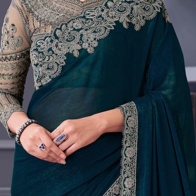 Morpich Green Sequins Embroidered Georgette Saree